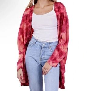 348 - Anthropologie Red Tye-Dye Open Front Cardigan Sweater